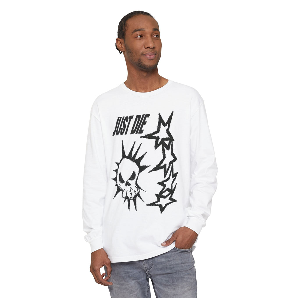 Long Sleeve Tee — 'Just Die' Skull & Stars Front with Gothic Cat Back