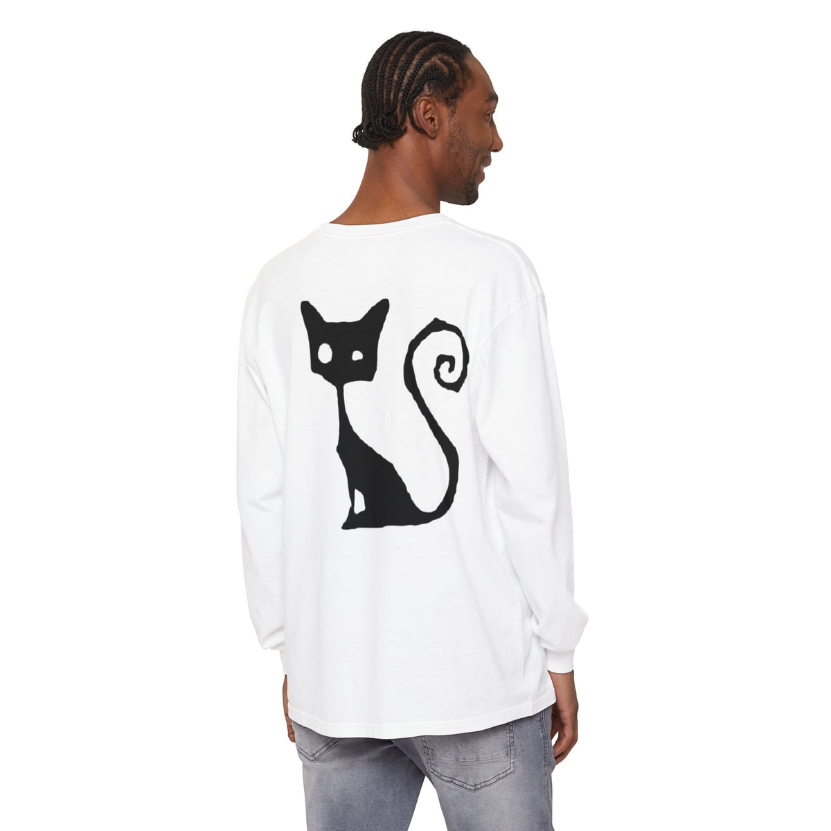 Long Sleeve Tee — 'Just Die' Skull & Stars Front with Gothic Cat Back
