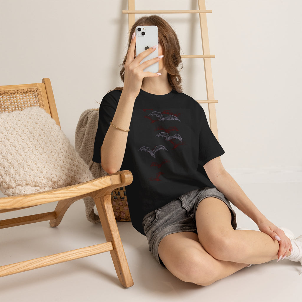 Gothic Bat & Red Rose Graphic Tee
