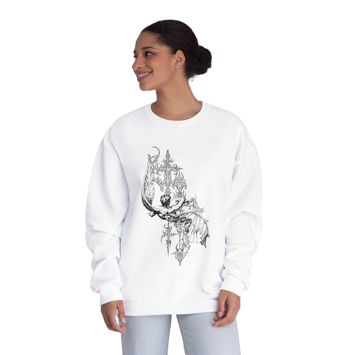 Mystic Skull Crewneck Sweatshirt — Gothic Moon & Ornate Skull Graphic