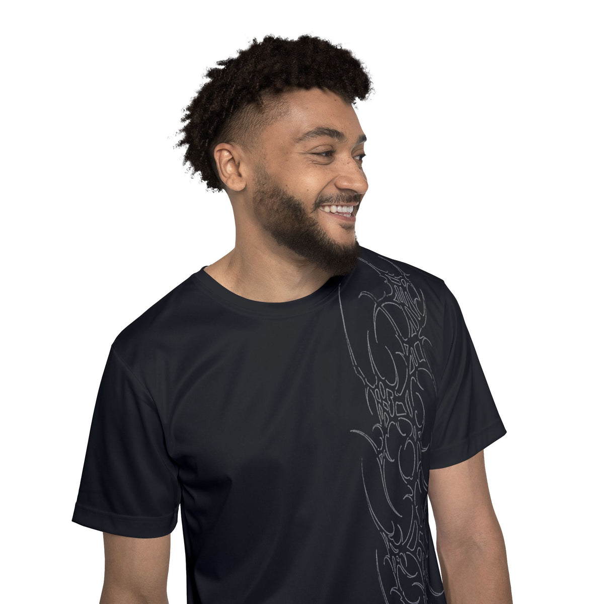 Men's Black Gothic Wing Sports Jersey — White Spine & Tribal Side Design
