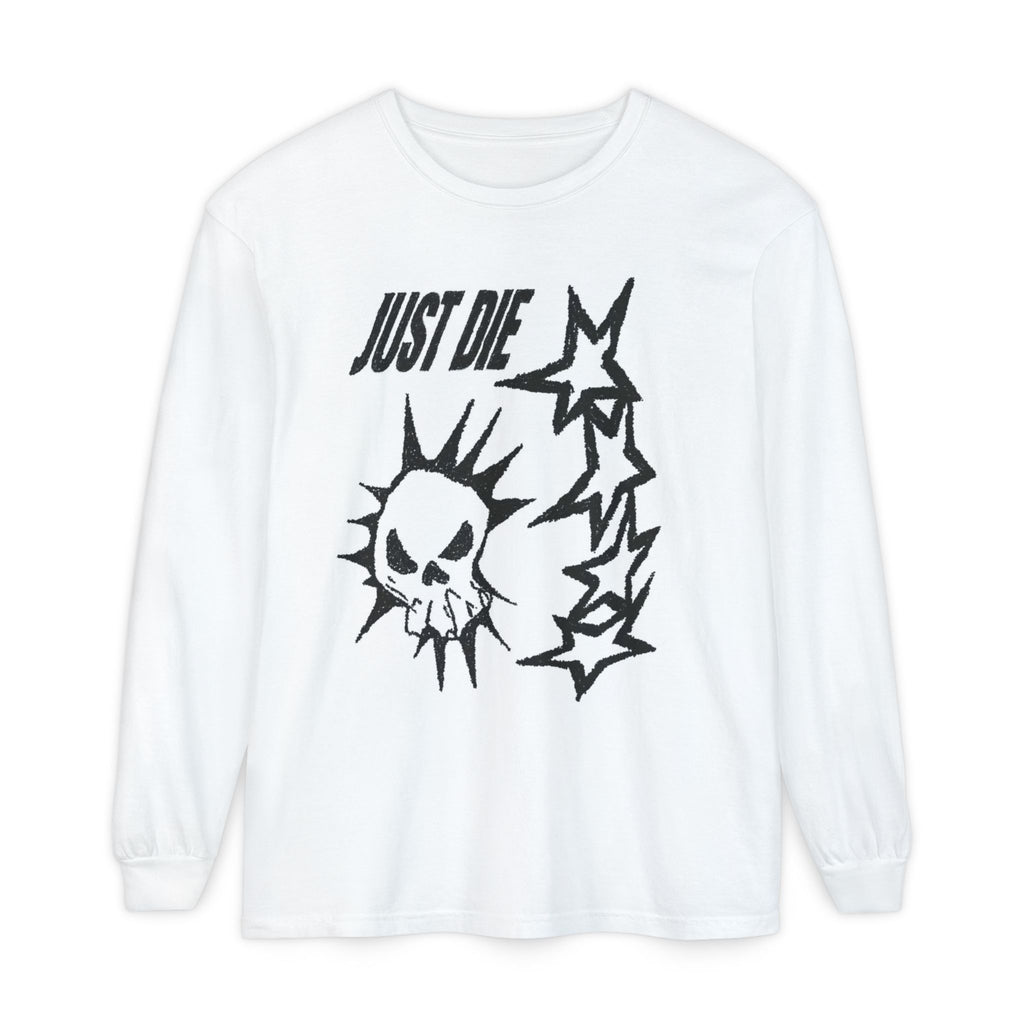 Long Sleeve Tee — 'Just Die' Skull & Stars Front with Gothic Cat Back