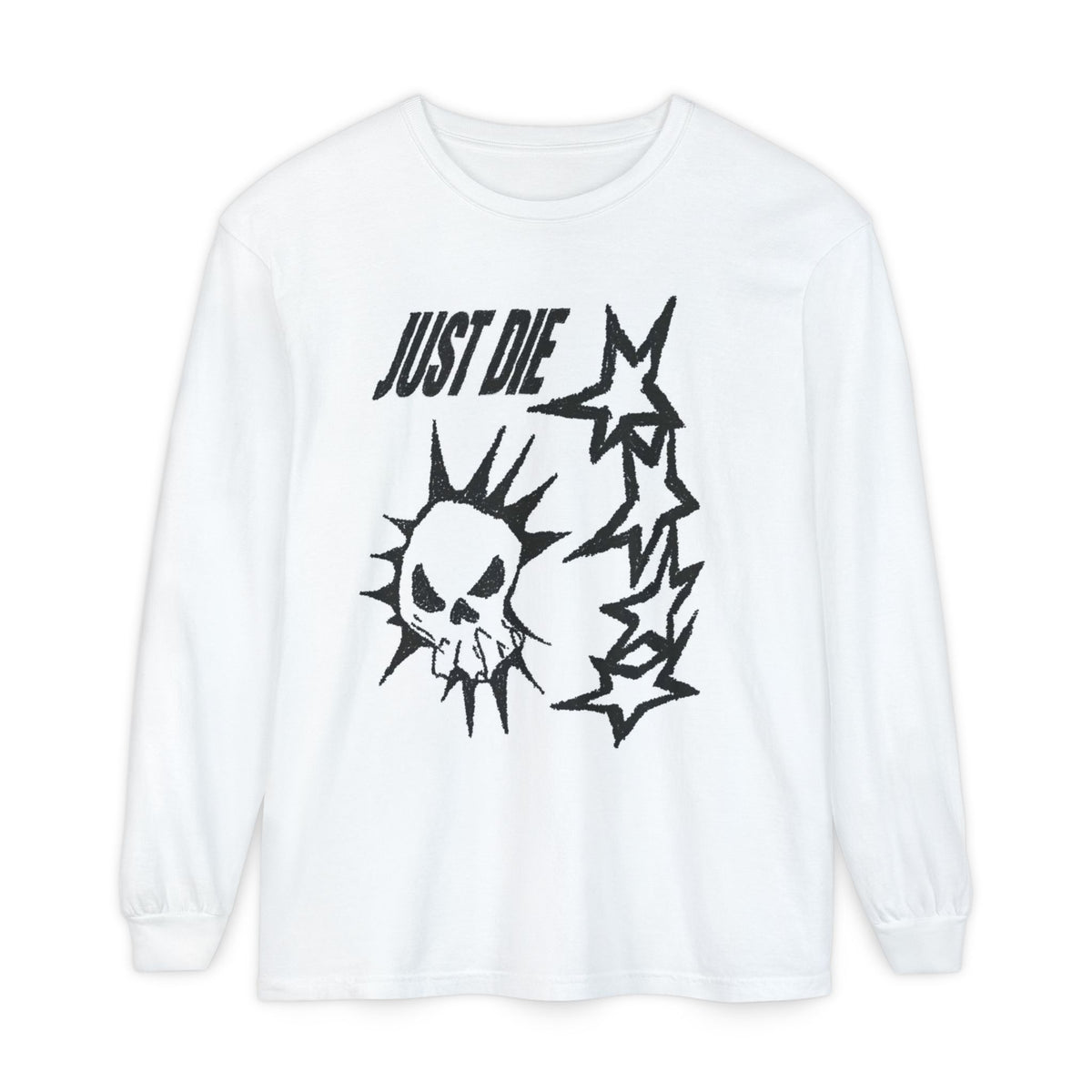 Long Sleeve Tee — 'Just Die' Skull & Stars Front with Gothic Cat Back